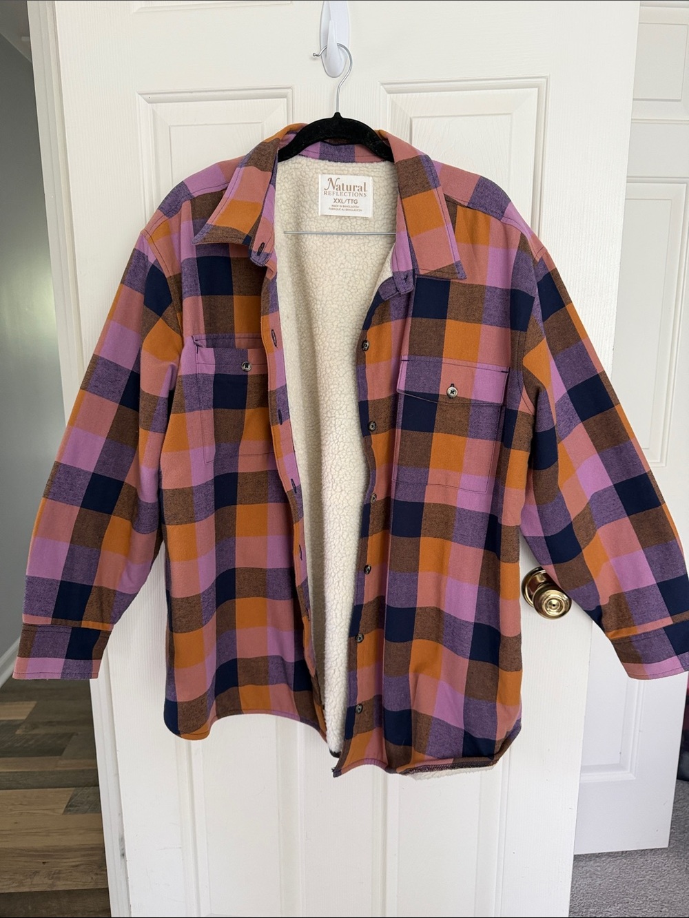 Natural Reflections Plaid Sherpa-Lined Shacket - Pink, Orange, Navy
